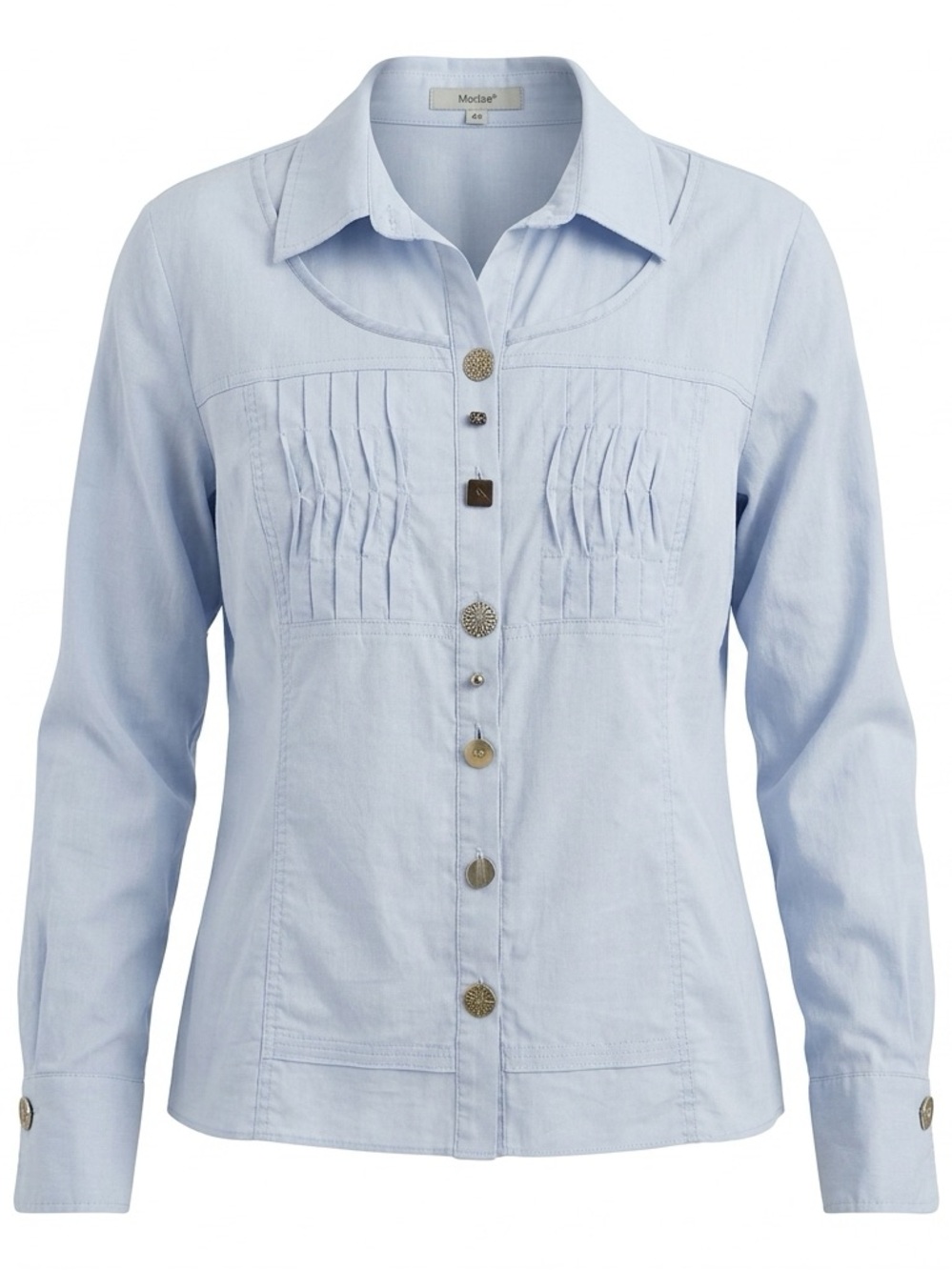 Moda Pale Blue Button-Front Long Sleeve Shirt with Decorative Pleats